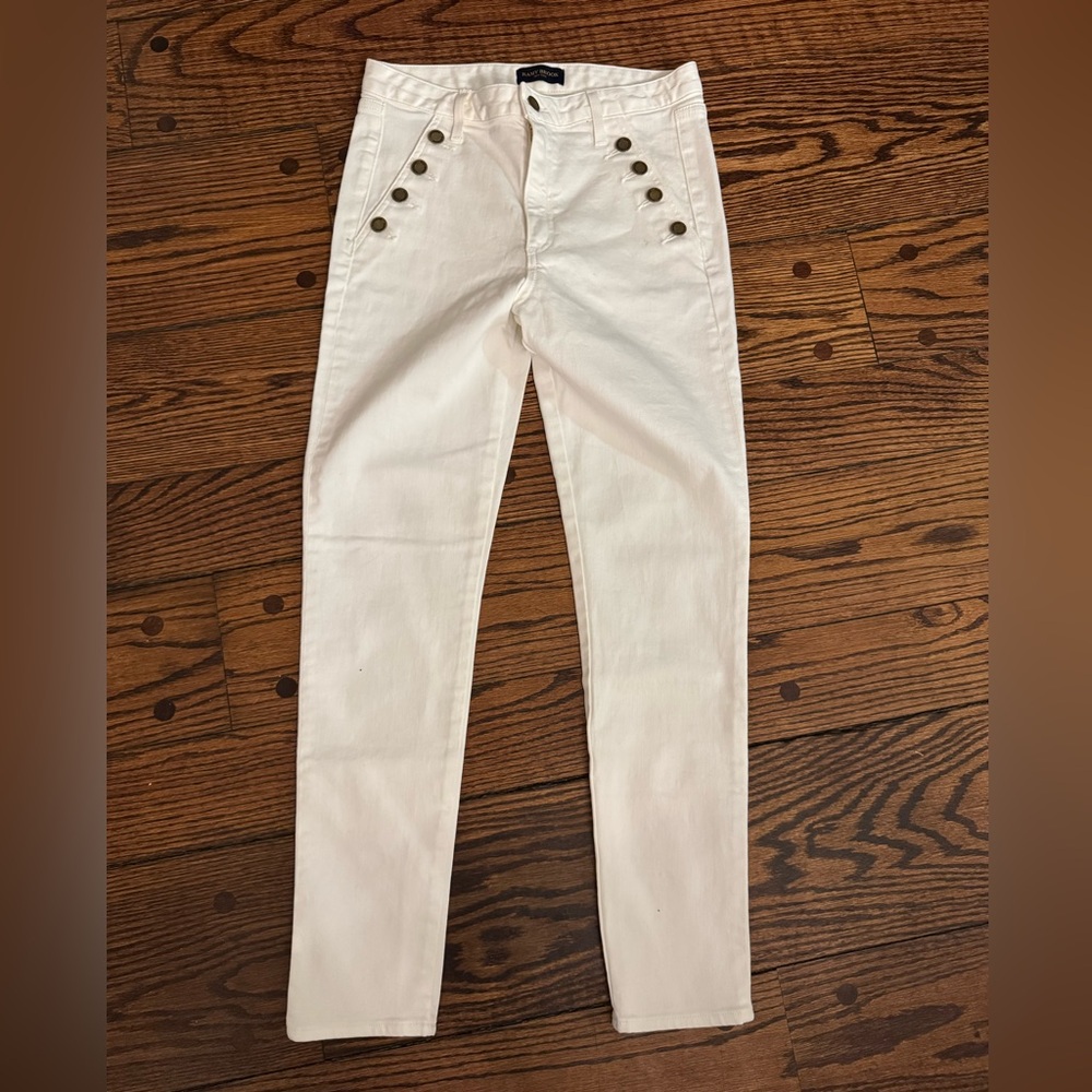 Ramy Brook White Skinny Jeans with Brass Button Detail